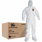 Ansell Health KleenGuard A30 Protection Coveralls, Large, White, Zipper Front, Breathable, Attached Hood & Boot, Elastic Cuff & Wrist, Abrasion Resistant, Disposable, Non-skid, 25/Carton