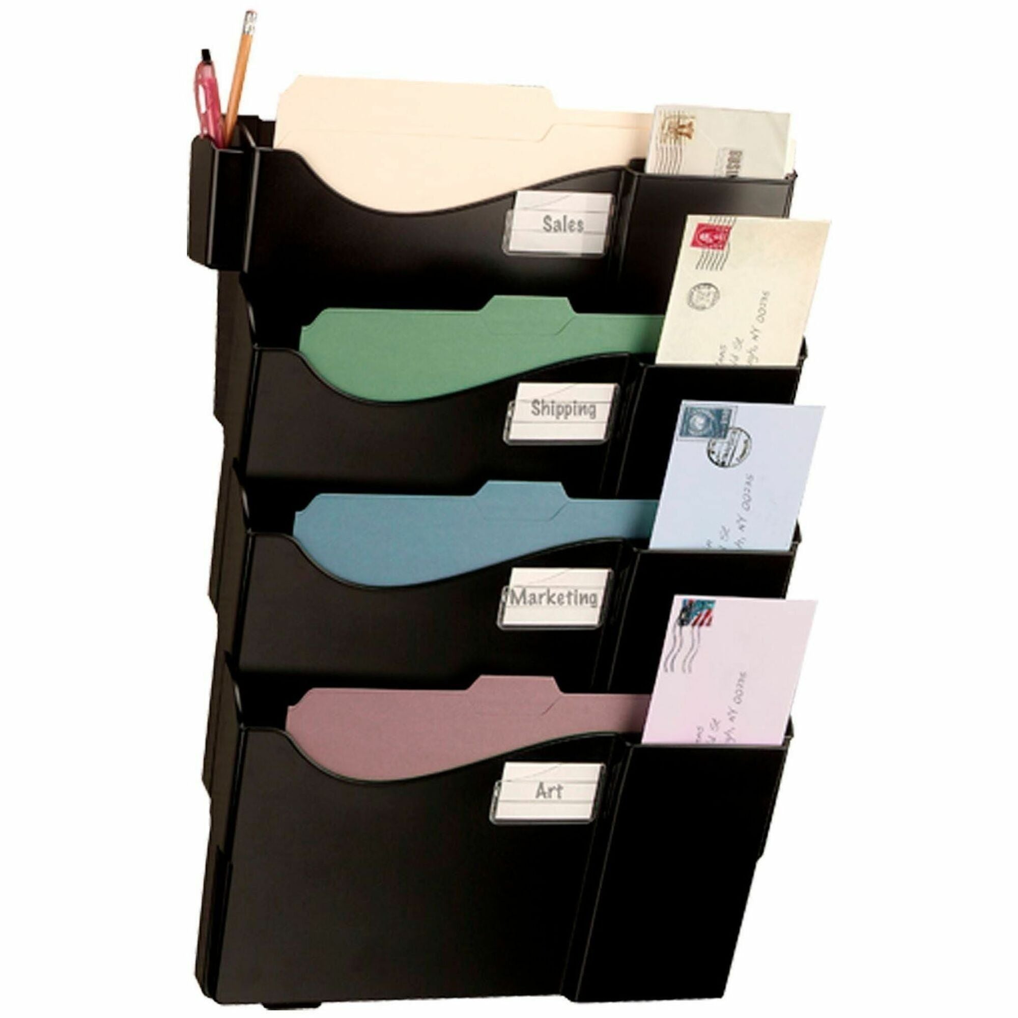 4 Pocket(s) - 27.50" Height x 16.63" Width x 4.75" Depth - Expandable, Removable, Labeling Area, Durable - Black - Plastic