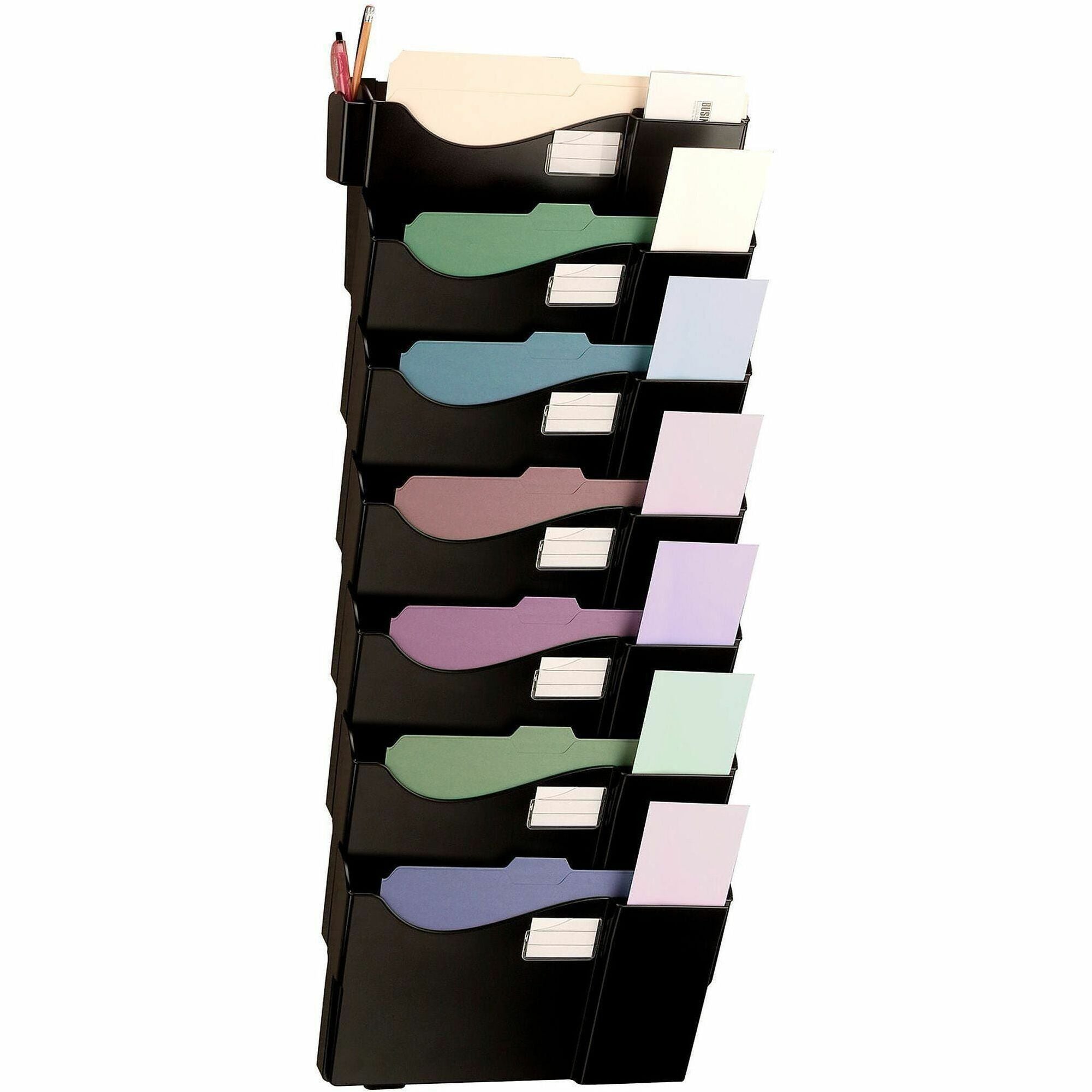 7 Pocket(s) - 38.25" Height x 16" Width x 4.75" Depth - Expandable, Removable, Labeling Area, Durable - Black - Plastic