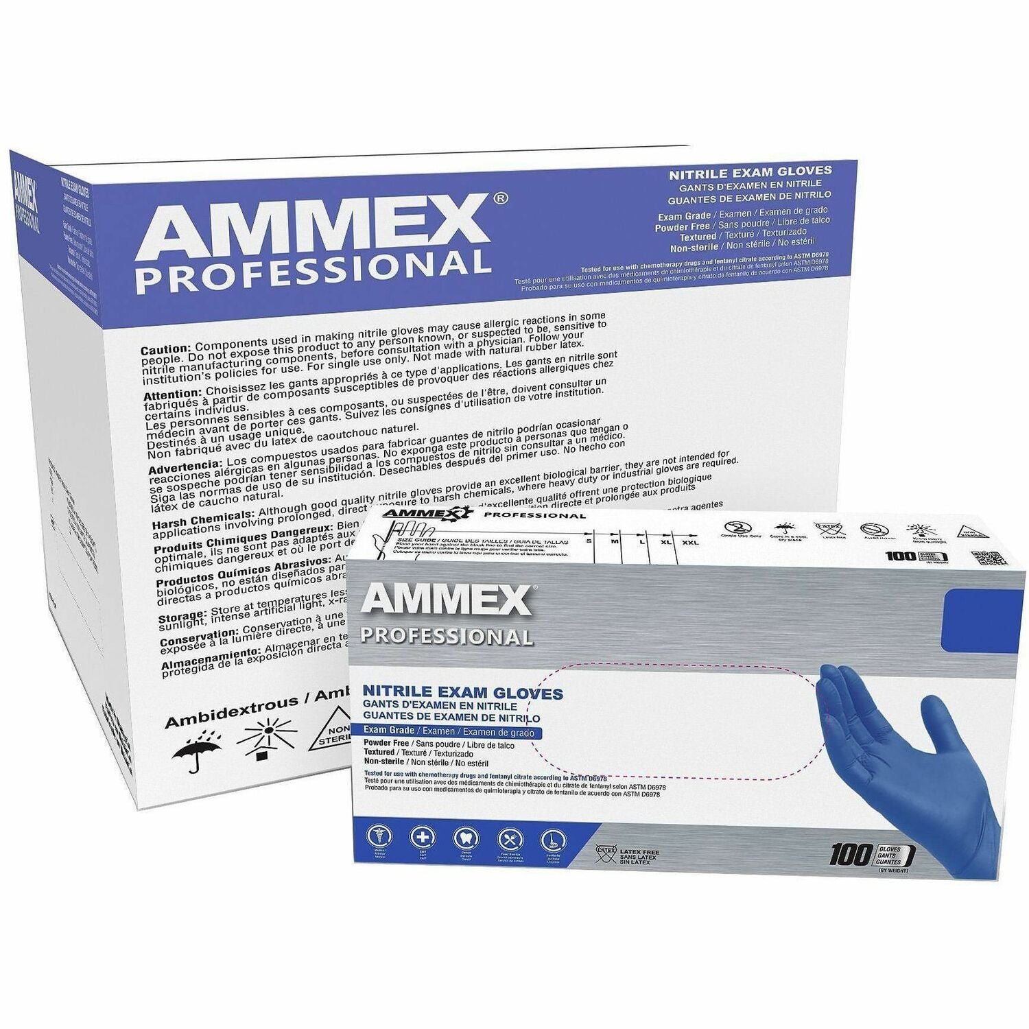 Ammex Nitrile Powder-Free Exam Gloves, Small, Blue, 3 mil Thickness, 12.36" Length, Latex-Free, Ambidextrous, Textured, Non-Sterile, 10 Gloves per Carton