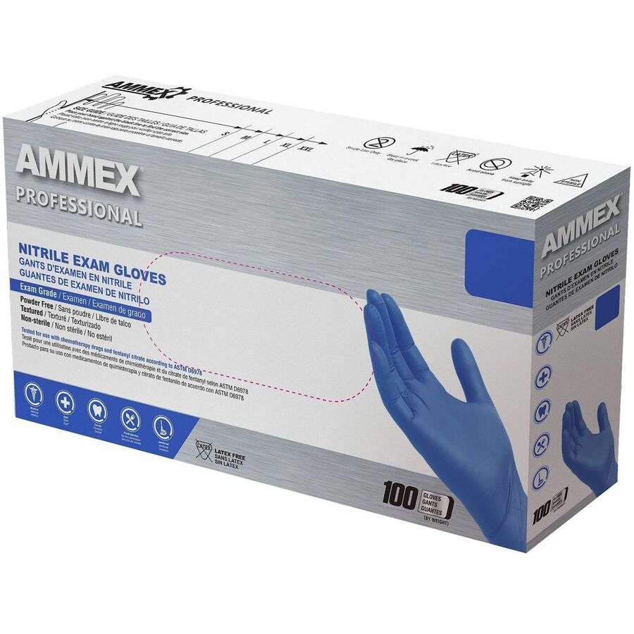 Ammex Nitrile Powder-Free Exam Gloves, Small, Blue, 3 mil Thickness, 12.36" Length, Latex-Free, Ambidextrous, Textured, Non-Sterile, 10 Gloves per Carton