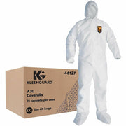 Ansell Health KleenGuard A30 Protection Coveralls, 4XL, White, SMS Material, Zipper Front, Attached Hood and Boot, Elastic Cuff, Storm Flap, Abrasion Resistant, Disposable, 25 per Carton