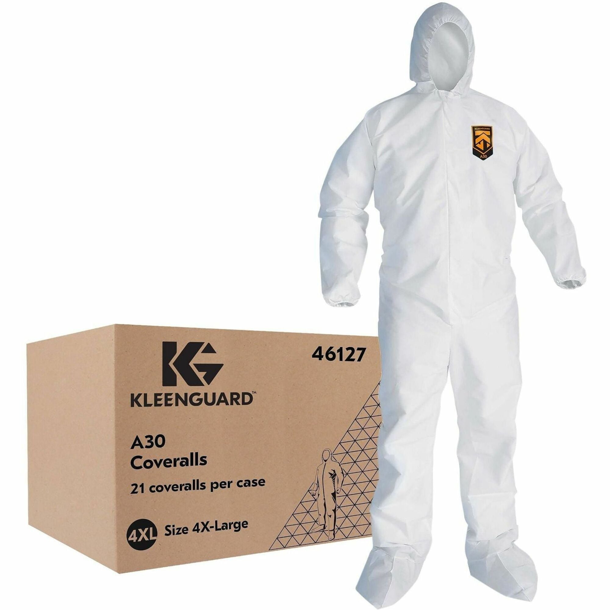 Ansell Health KleenGuard A30 Protection Coveralls, 4XL, White, SMS Material, Zipper Front, Attached Hood and Boot, Elastic Cuff, Storm Flap, Abrasion Resistant, Disposable, 25 per Carton