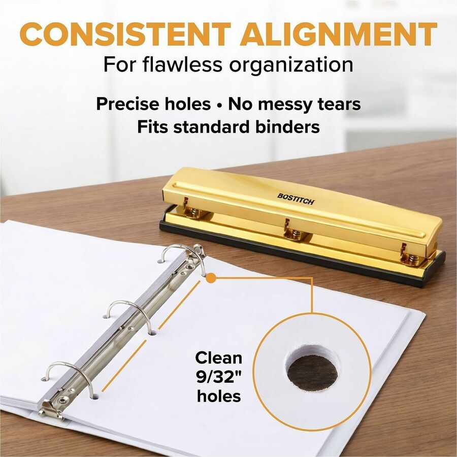 Bostitch 3-hole Punch - 3 Punch Head(s) - 15 Sheet - 9/32" Punch Size - Metal, Rubber, Steel - Gold