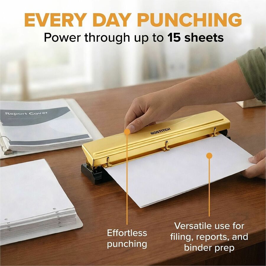 Bostitch 3-hole Punch - 3 Punch Head(s) - 15 Sheet - 9/32" Punch Size - Metal, Rubber, Steel - Gold