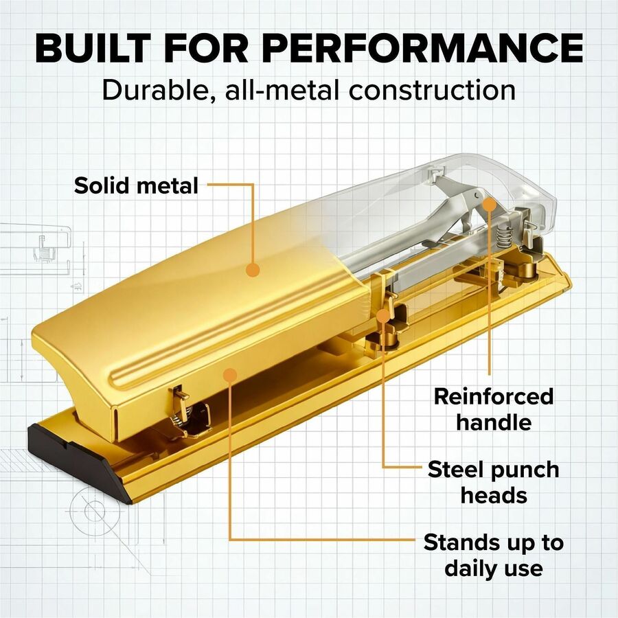 Bostitch 3-hole Punch - 3 Punch Head(s) - 15 Sheet - 9/32" Punch Size - Metal, Rubber, Steel - Gold
