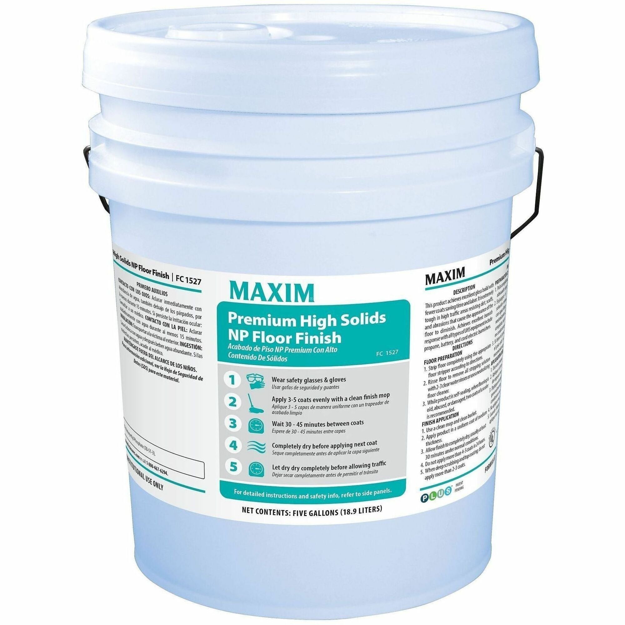 Maxim Premium High Solids NP Floor Finish - For Floor, High Traffic Area - 640 fl oz (20 quart) - Dirt Resistant, Scuff Resistant, Abrasion Resistant - White