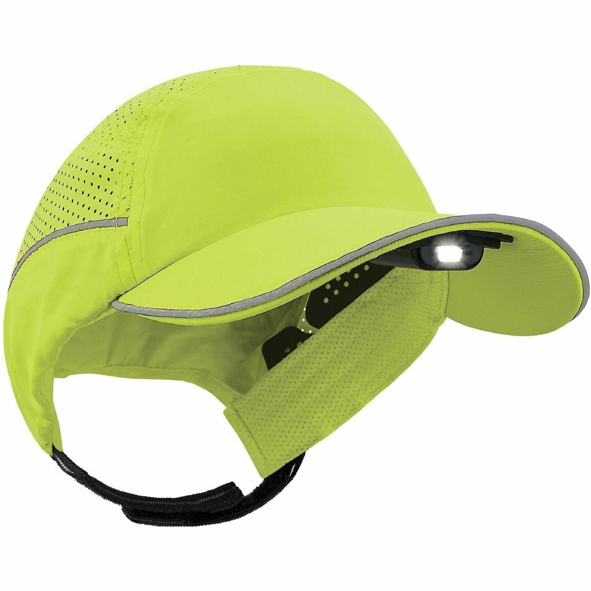 Ergodyne Skullerz 8965F(x) Bump Cap with LED Light & Long Brim, Lime, Lightweight, Breathable, Ventilated, Impact-Absorbing, Antimicrobial, Reflective Piping, Hook-and-Loop Closure, Rechargeable LED Light