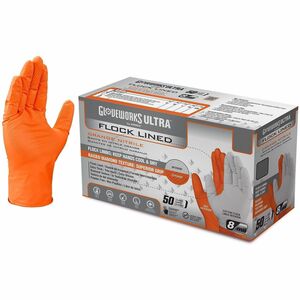 Gloveworks ULTRA RDT Flock-Lined Powder-Free Nitrile Gloves, 6 mil, 9.06" Length, XXL, Orange, Raised Diamond Texture, Chemical and Puncture Resistant, Sweat-Absorbing, Latex-Free, Ambidextrous - 10 Boxes/Case - 10/Carton