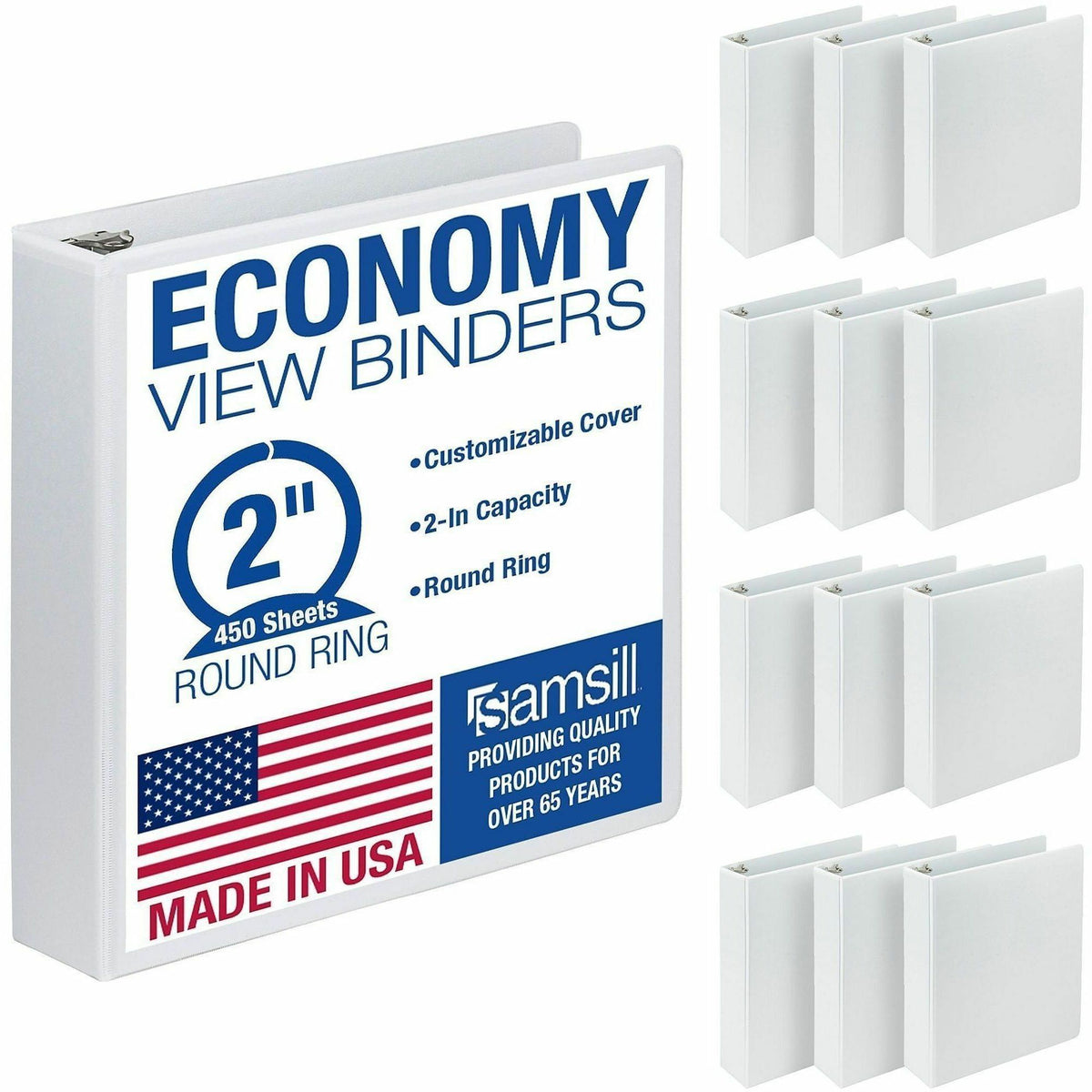 Samsill Light-Duty 3-Ring Binder, 2" Capacity, Letter Size, 8.5" x 11", 425-Sheet Capacity, White, Fiberboard, 2 Internal Pockets, Clear Overlay, Lay-Flat Design, PVC-Free, Archival-Safe, Recycled