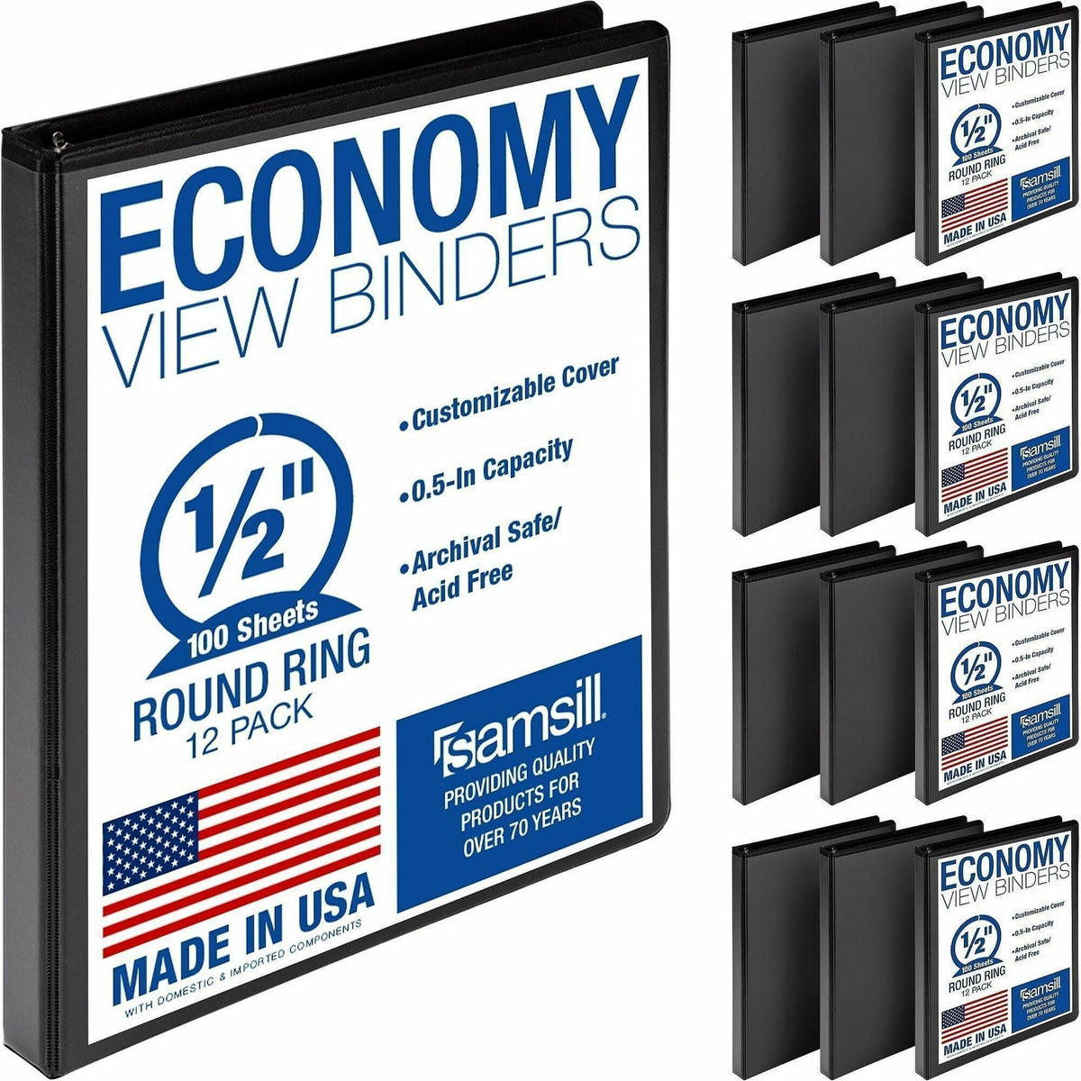 Samsill Light-Duty 3-Ring Binder, 0.5" Capacity, Letter Size, 8.5" x 11", 100-Sheet Capacity, Black, Fiberboard, 2 Internal Pockets, Clear Overlay, Lay-Flat Design, PVC-Free, Archival-Safe, Recycled