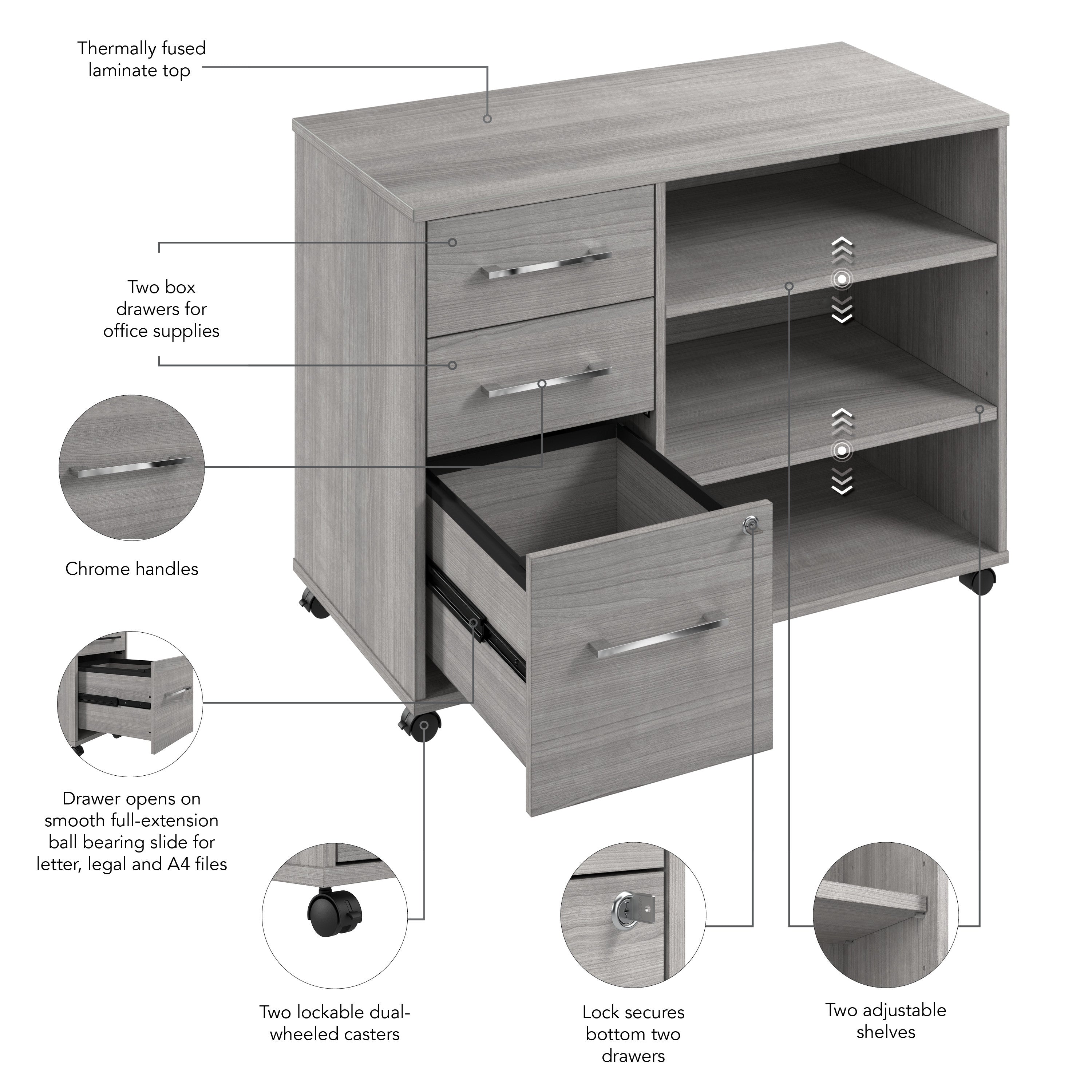 Bush Business Furniture Hustle Rolling Storage Cabinet with Drawers and Shelves in Platinum Gray - Assembled - 39.61" Width x 19.61" Depth x 29.96" Height