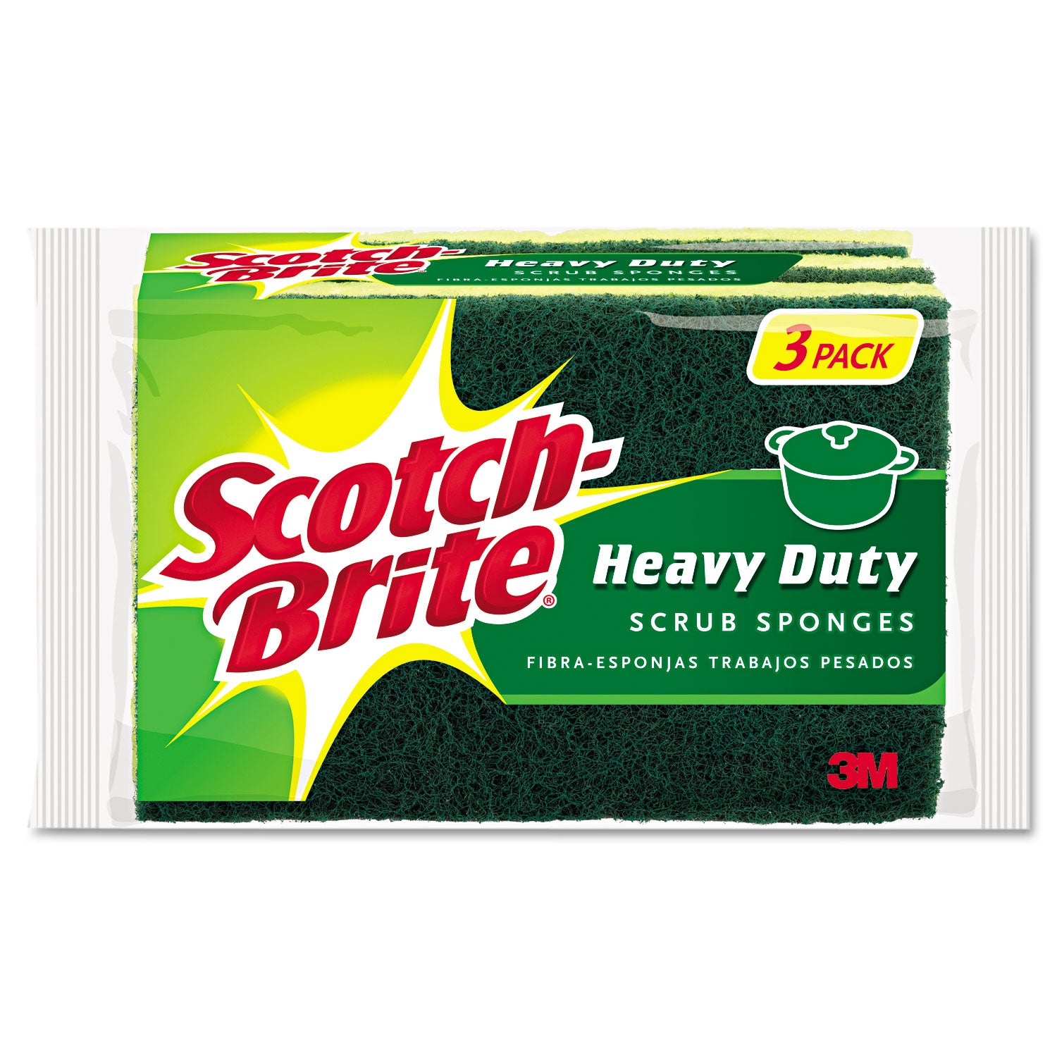 Scotch-Brite Heavy-Duty Scrub Sponges - 2.8" Height x 4.5" Width x 4.5" Length x 590 mil Thickness - 3 / Pack - Yellow, Green