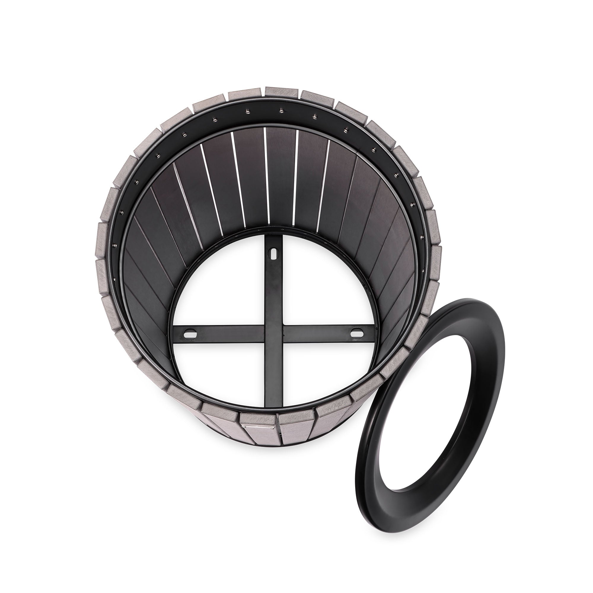 Round, 32-Gallon Outdoor Trash Container with Slatted Recycled Plastic Panels - Grey