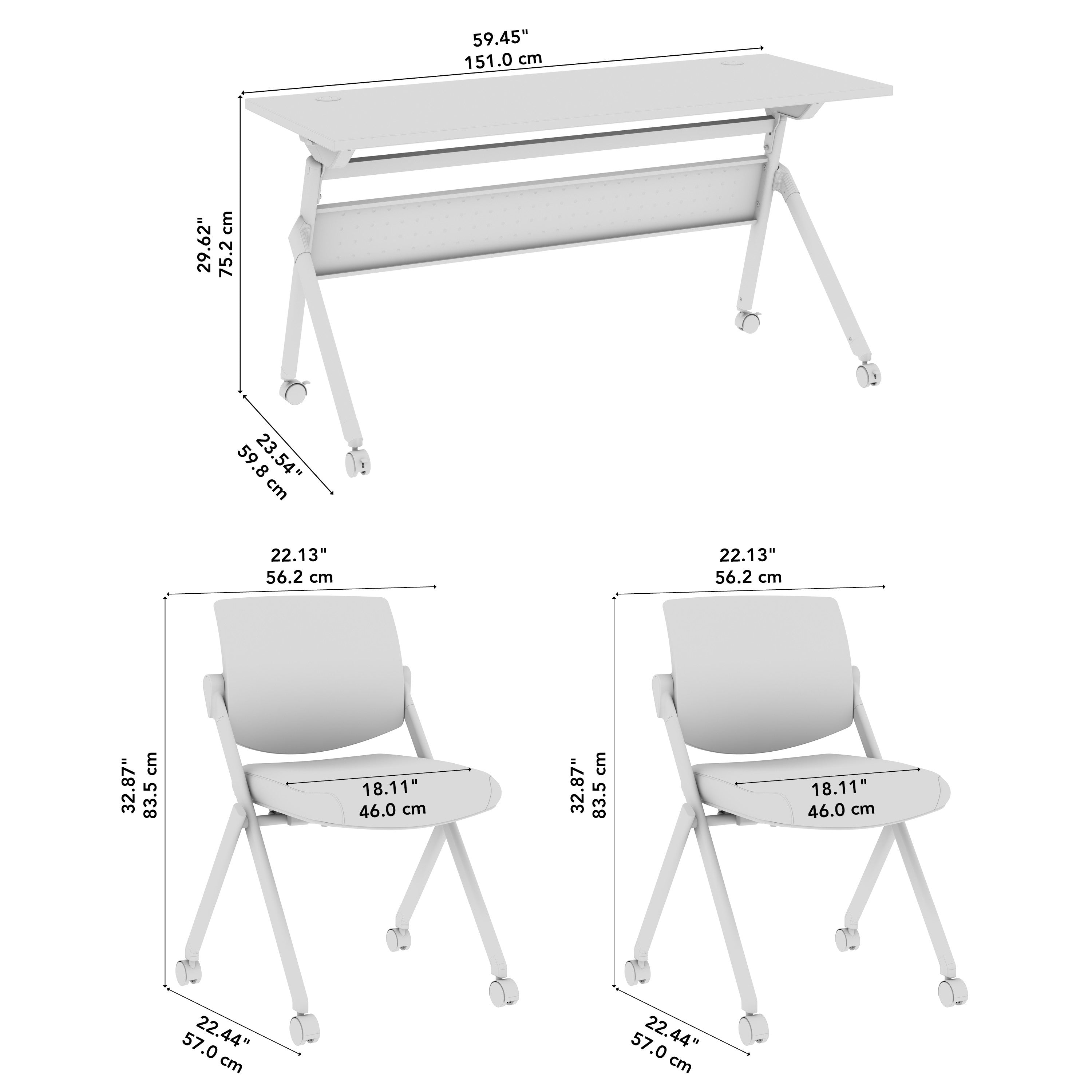 Bush Business Furniture Envision 60W Folding Training Table with Powered Grommets and 2 Chairs in Storm Gray - 59.45" Width x 23.54" Depth x 32.87" Height