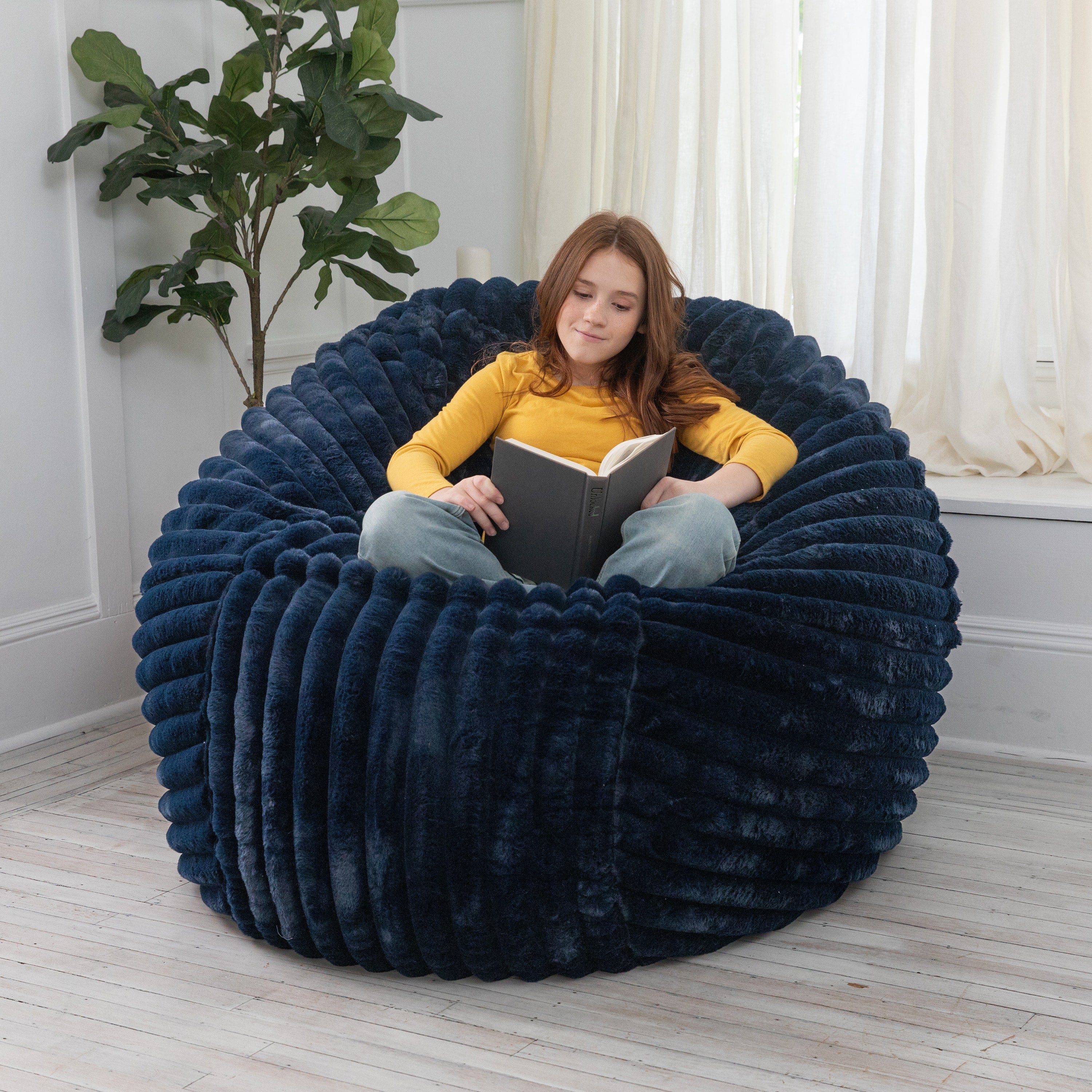Jaxx 5 Foot Saxx Bean Bag Chair for Adults - Luxe Faux Fur, Mondo Midnight Blue