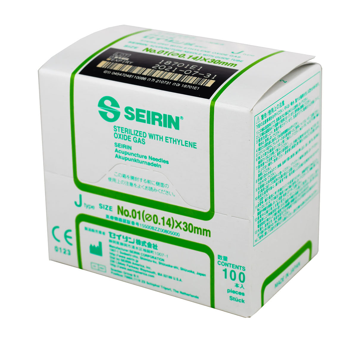 SEIRIN J-Type Acupuncture Needles, Size 0/01 (0.14mm) x 30mm, Box of 100 Needles