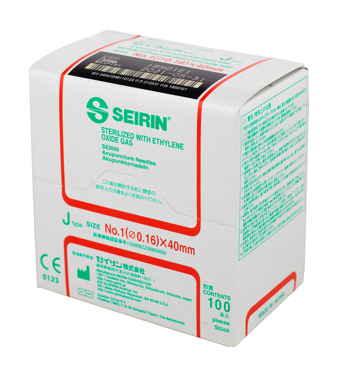 SEIRIN J-Type Acupuncture Needles, Size 1 (0.16mm) x 40mm, Box of 100 Needles