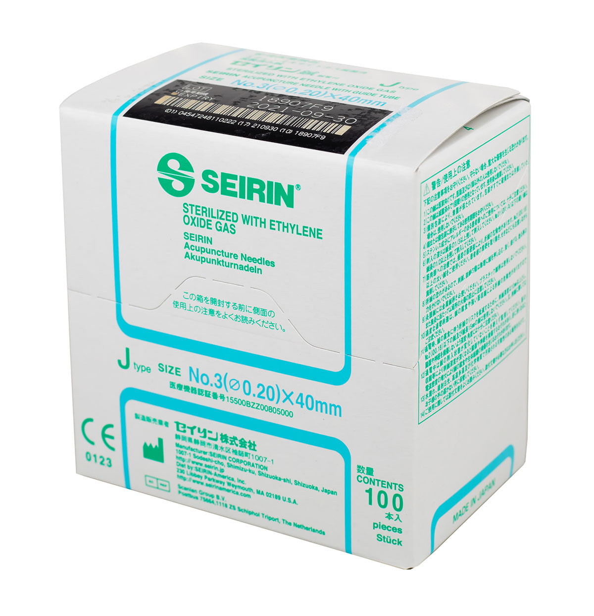SEIRIN J-Type Acupuncture Needles, Size 3 (0.20mm) x 40mm, Box of 100 Needles