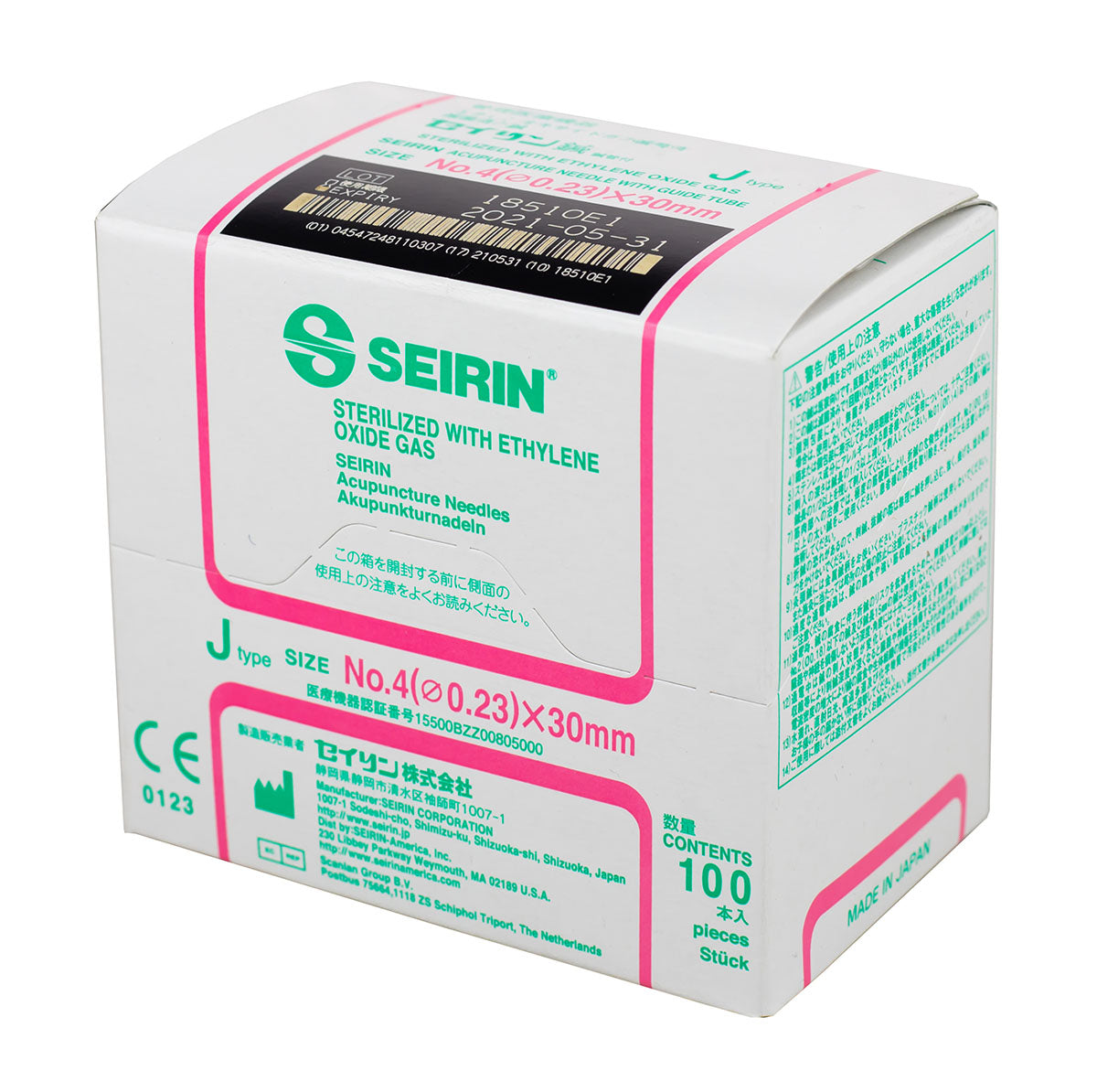 SEIRIN J-Type Acupuncture Needles, Size 4 (0.23mm) x 30mm, Box of 100 Needles