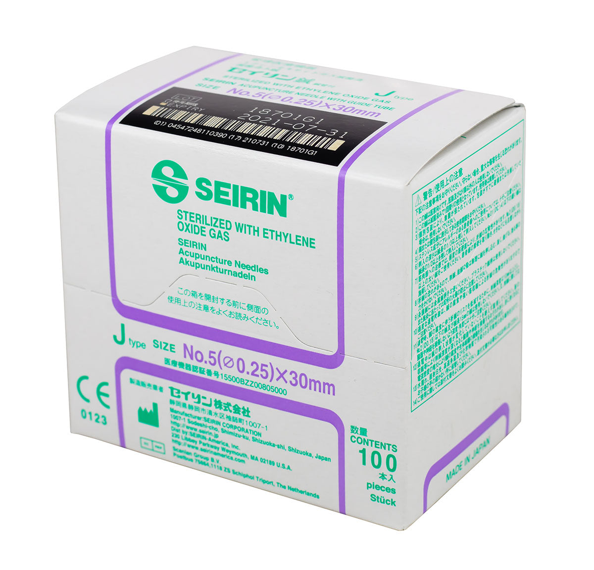 SEIRIN J-Type Acupuncture Needles, Size 5 (0.25mm) x 30mm, Box of 100 Needles