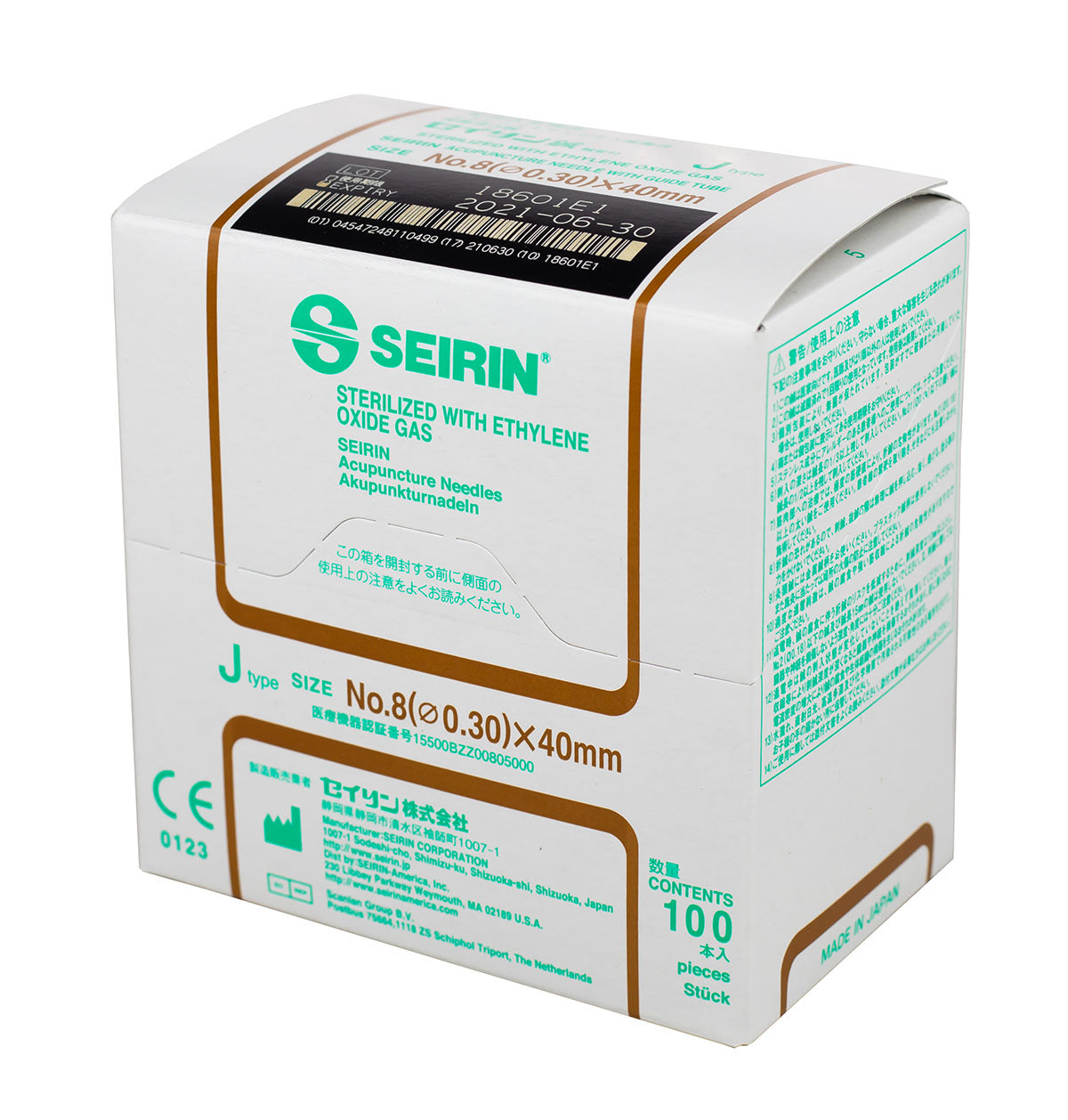 SEIRIN J-Type Acupuncture Needles, Size 8 (0.30mm) x 40mm,  Box of 100 Needles