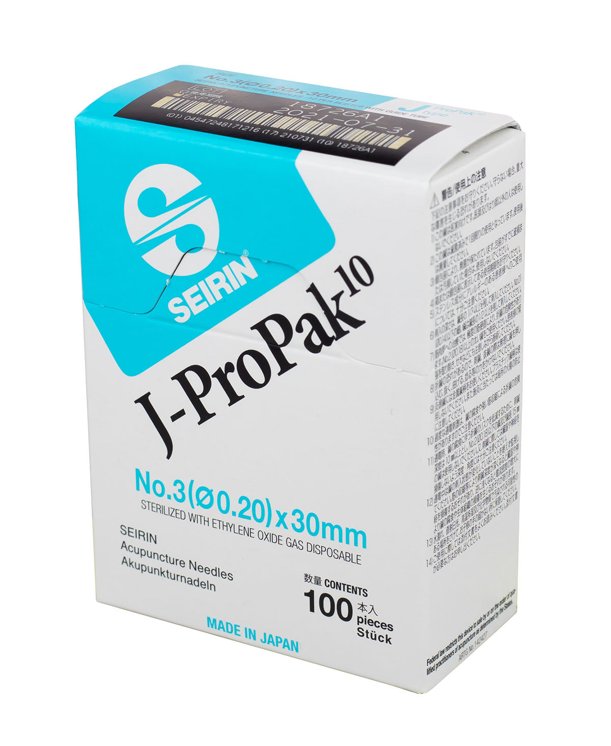 SEIRIN J-ProPak Acupuncture Needles, Size 3 (0.20mm) x 30mm, Box of 100 Needles