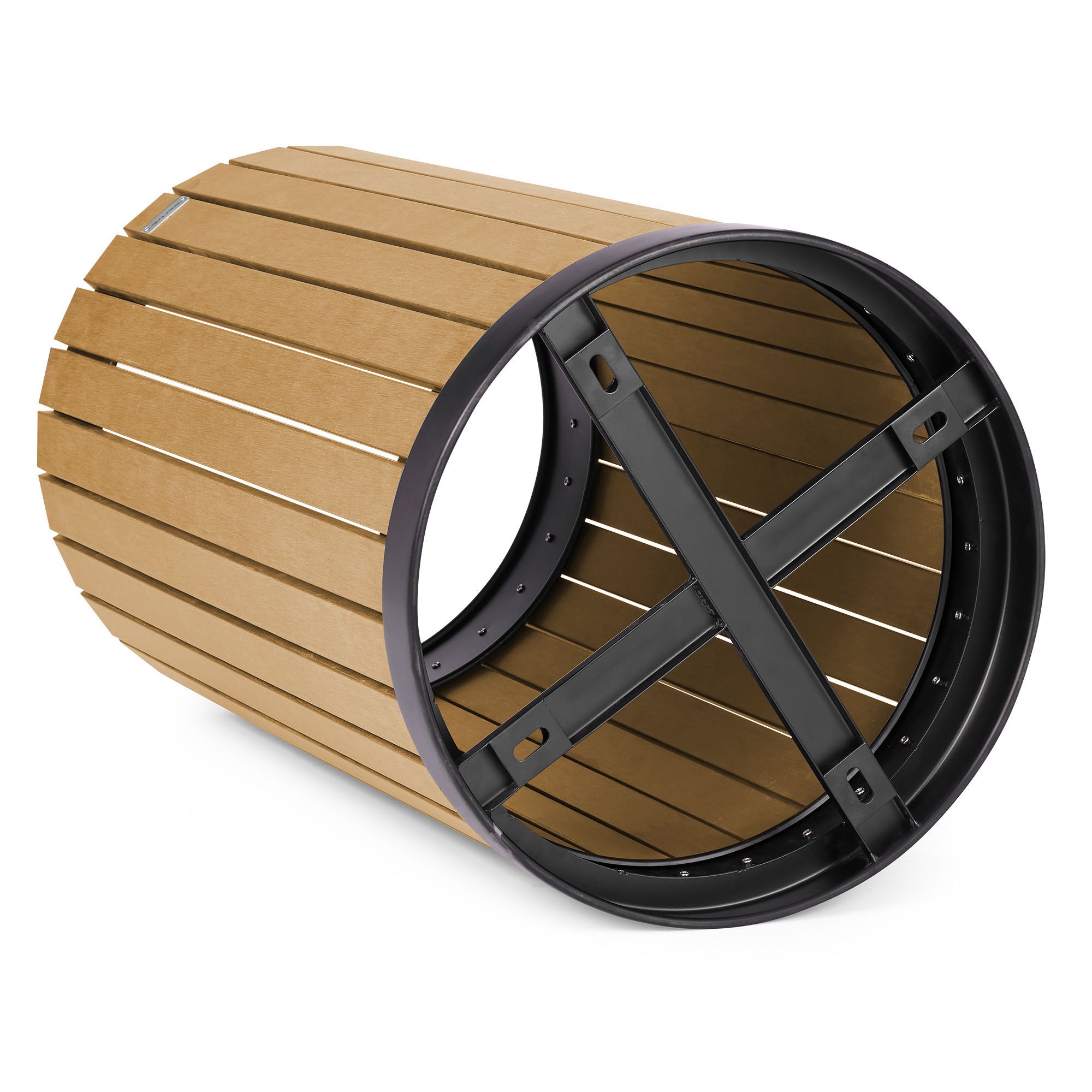 Round, 32-Gallon Outdoor Trash Container with Slatted Recycled Plastic Panels - Rain Bonnet Lid - Cedar