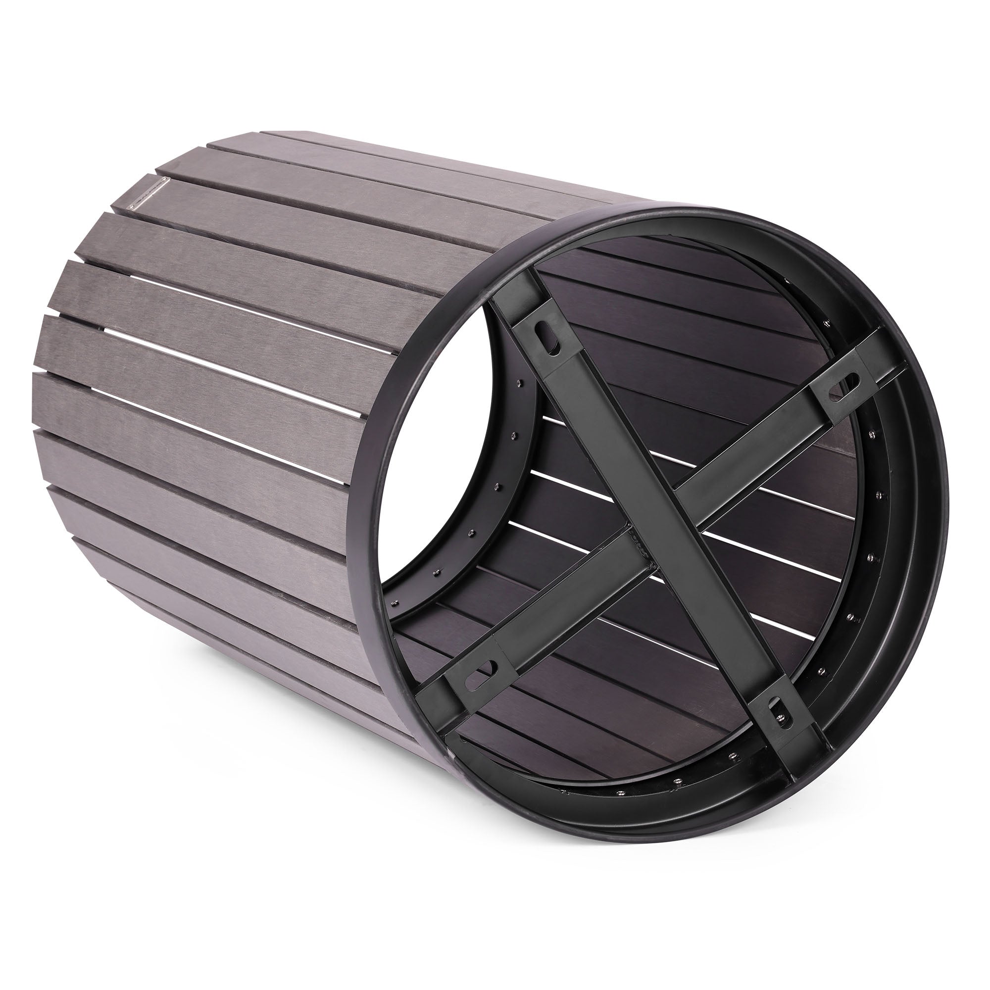 Round, 32-Gallon Outdoor Trash Container with Slatted Recycled Plastic Panels - Rain Bonnet Lid - Grey