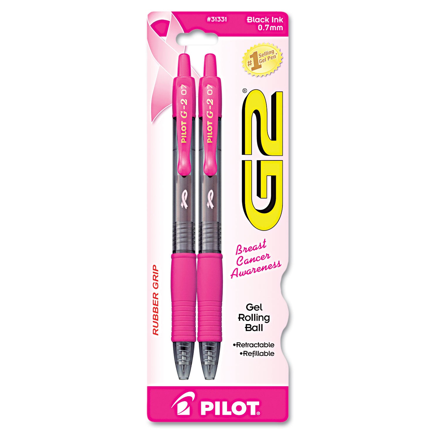G2 Gel Rollingball Pens - 0.7 mm Fine Pen Point - Refillable - Retractable - Black Ink - Gel-based - Pink, Black Barrel - 2 / Pack
