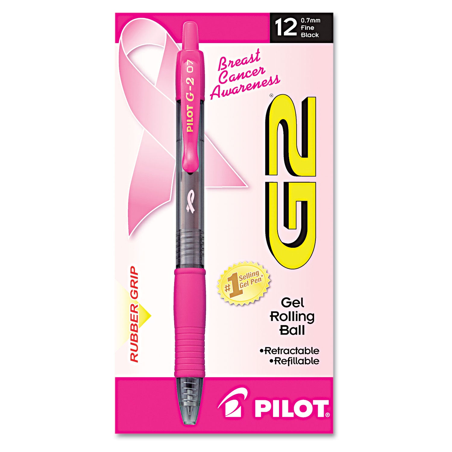 G2 Gel Rollingball Pens - 0.7 mm Fine Pen Point - Refillable - Retractable - Black Ink - Gel-based - Pink Barrel - 1 Dozen