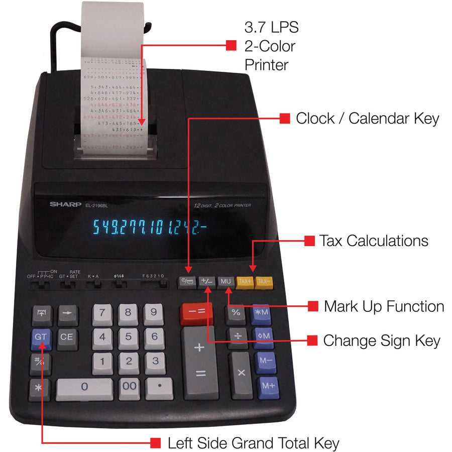 3.7 lps - Independent Memory, Sign Change, Backspace Key, Double Zero - AC Supply Powered - 3.1" Height x 8.7" Width x 12.9" Depth - Black - 1 Each