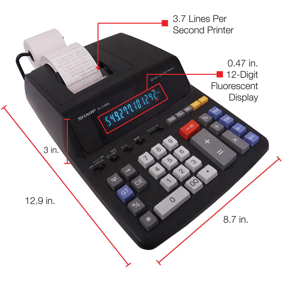 3.7 lps - Independent Memory, Sign Change, Backspace Key, Double Zero - AC Supply Powered - 3.1" Height x 8.7" Width x 12.9" Depth - Black - 1 Each