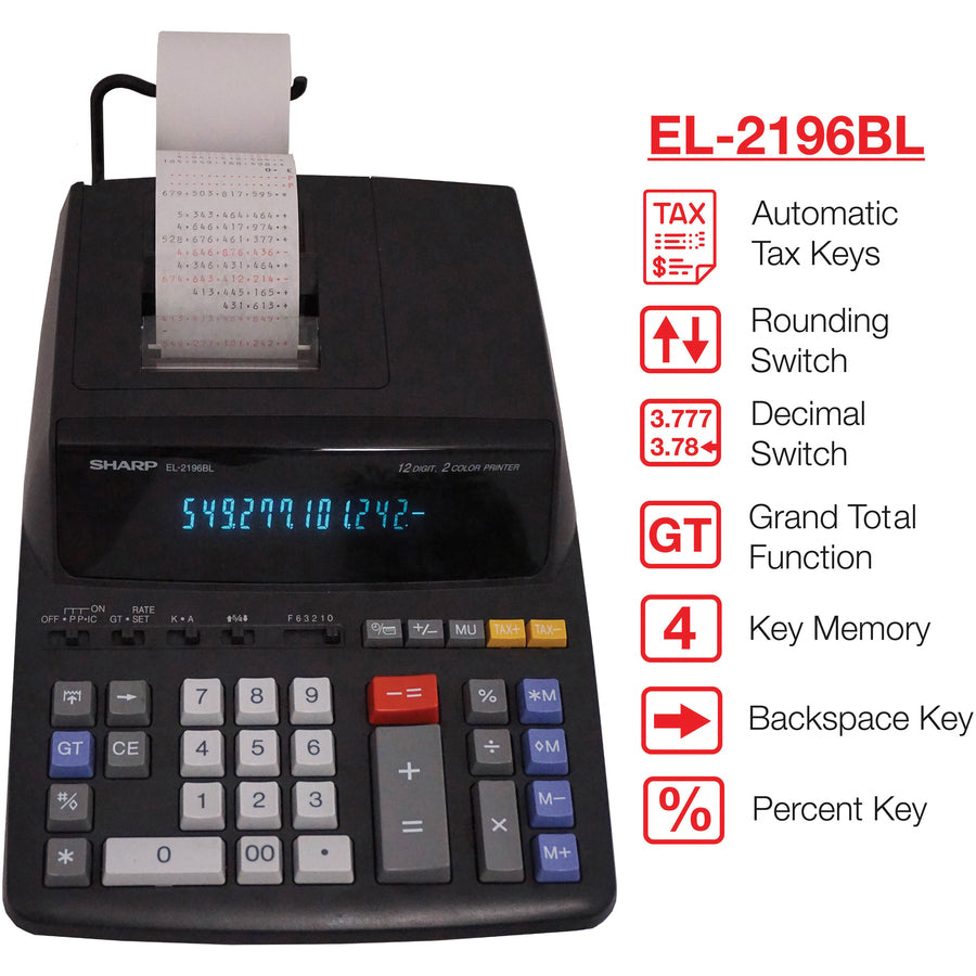 3.7 lps - Independent Memory, Sign Change, Backspace Key, Double Zero - AC Supply Powered - 3.1" Height x 8.7" Width x 12.9" Depth - Black - 1 Each