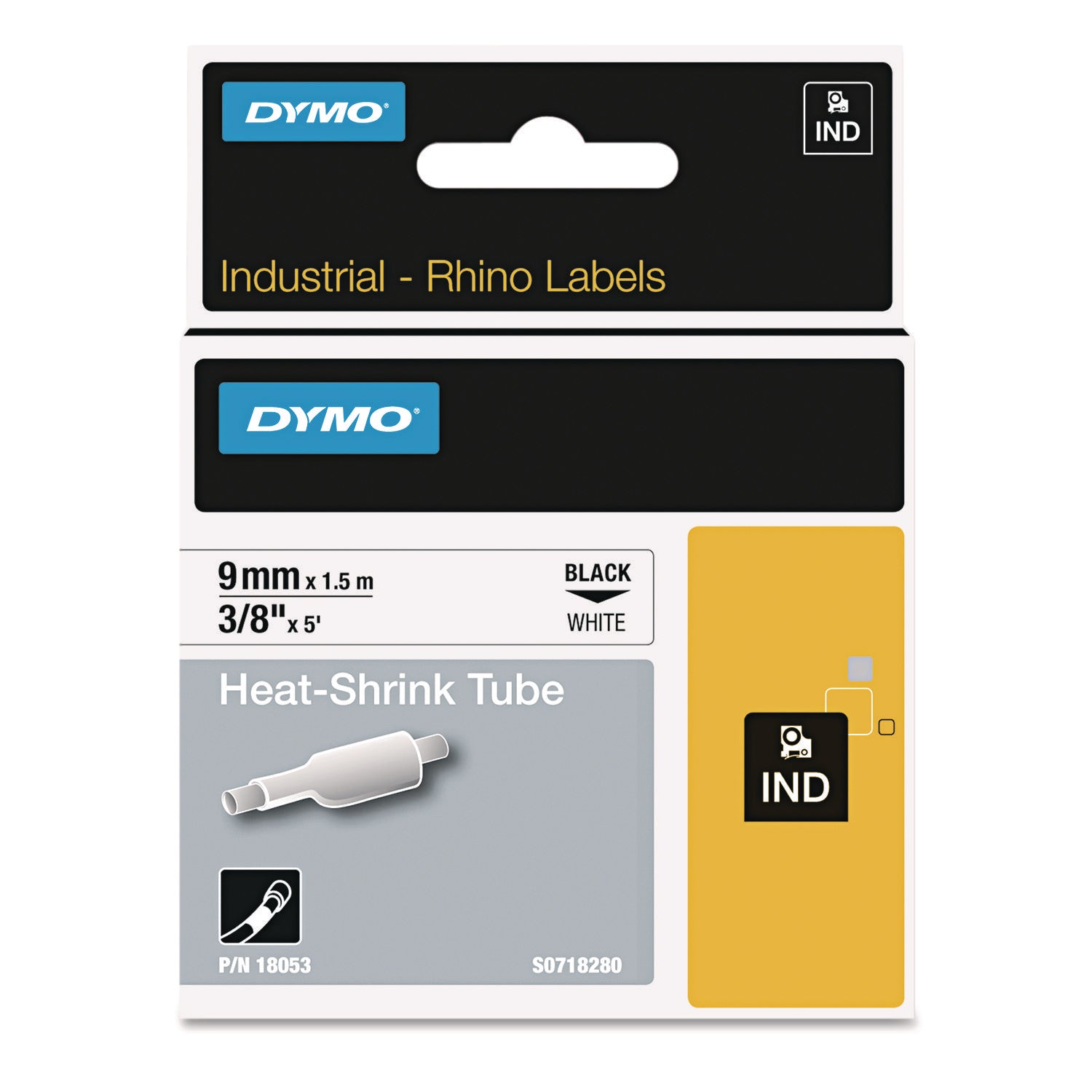 Dymo Rhino Heat Shrink Tube Labels - 23/64" Width x 59 1/16" Length - Rectangle - Thermal Transfer - Black on White - Polyolefin - Easy Peel - 1 Each