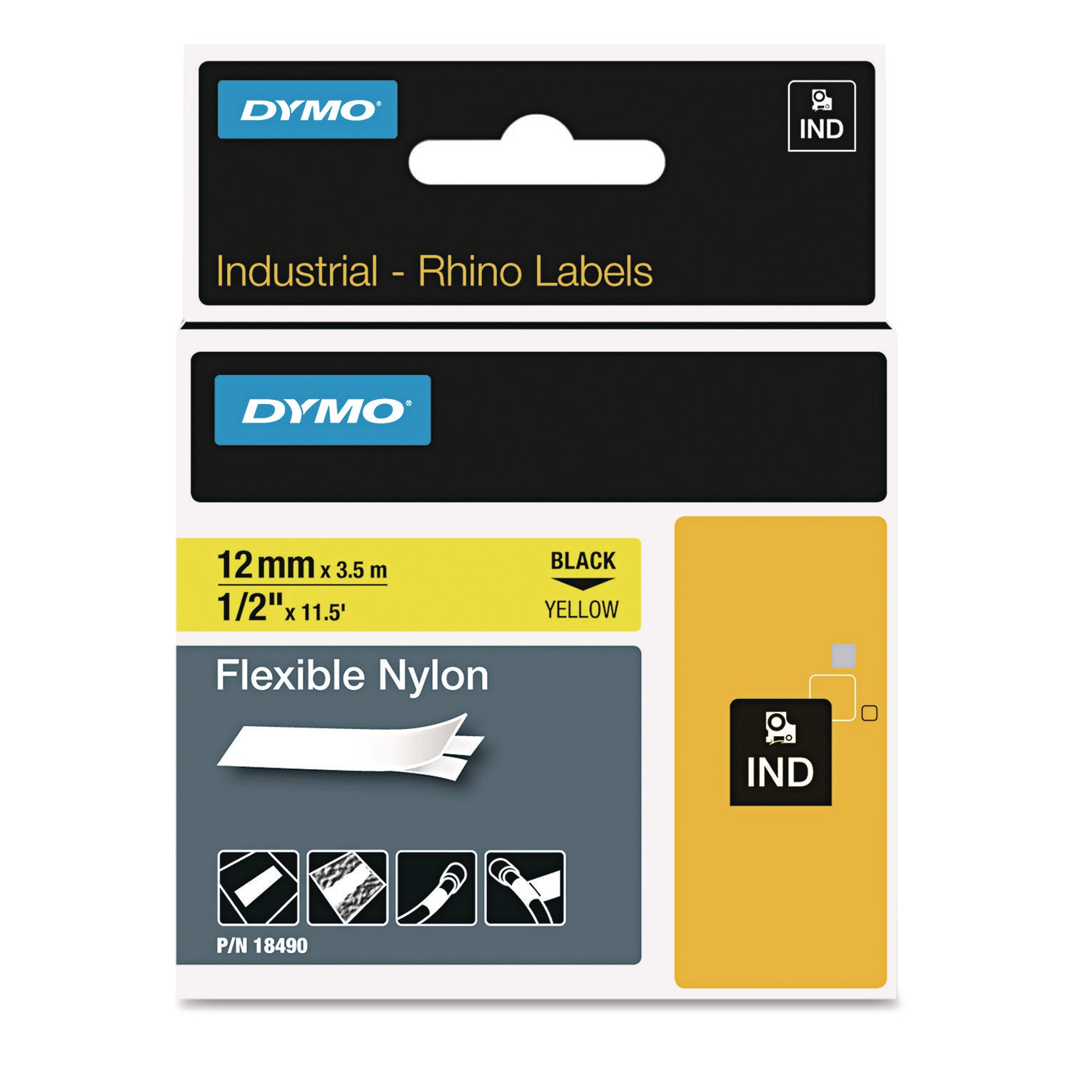 Dymo Rhino Flexible Nylon Labels - 1/2" Width - Direct Thermal - Yellow - Nylon - 1 Each