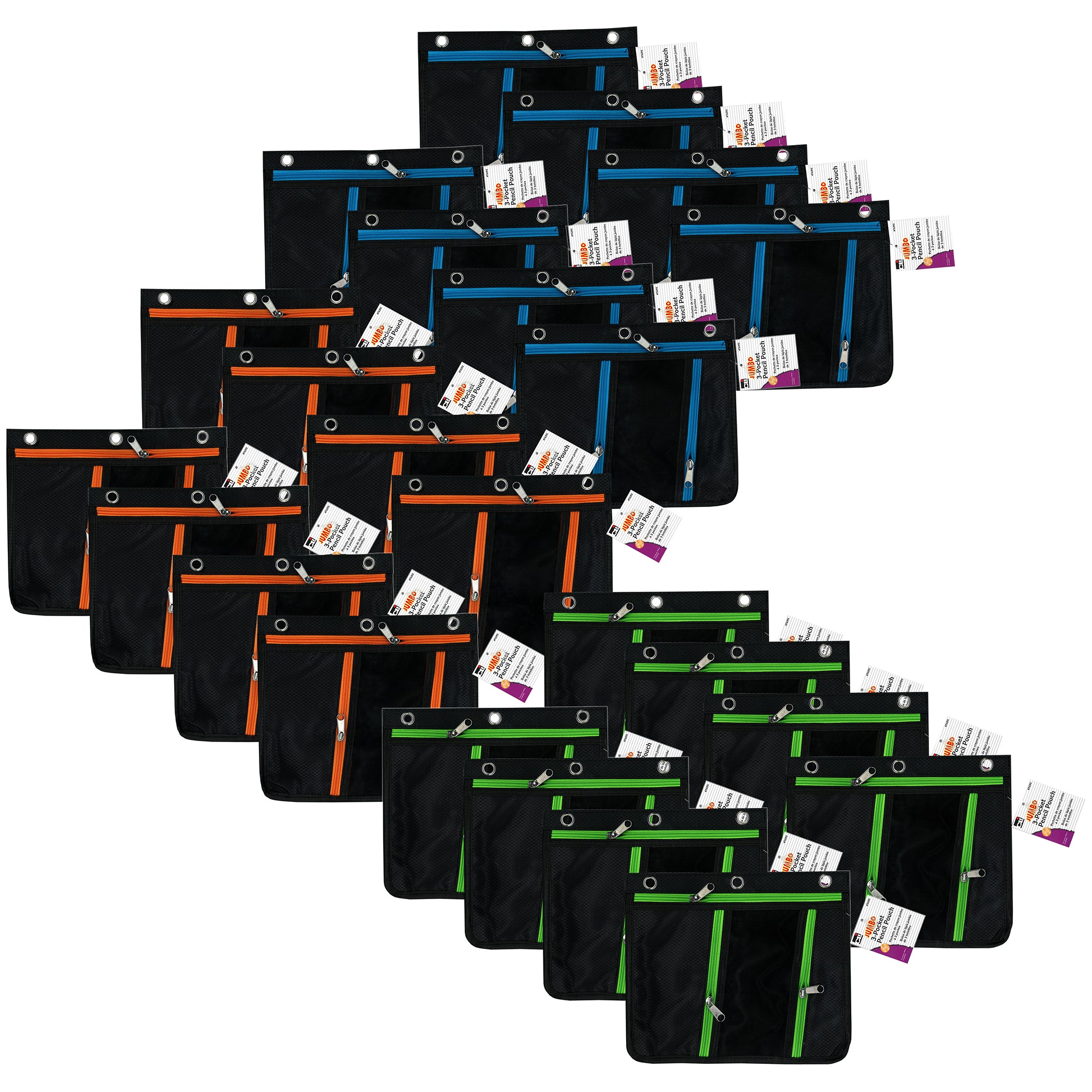 Expanding Pencil Pouch, 3 Pocket, 11"W x 9.5"H x 1"D, Assorted Colors, Pack of 24