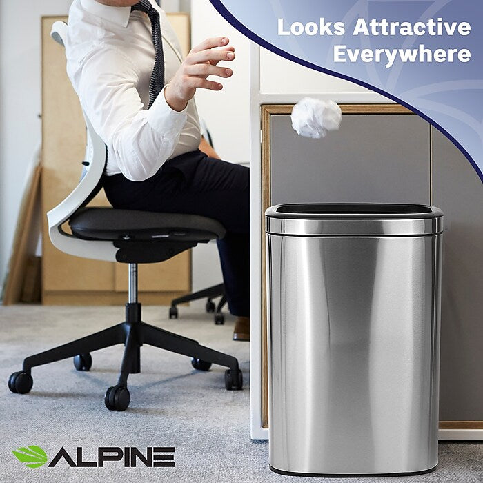 Alpine Industries 40 L / 10.5 Gal Gal Stainless Steel Slim Open Trash Can, Brushed Stainless Steel