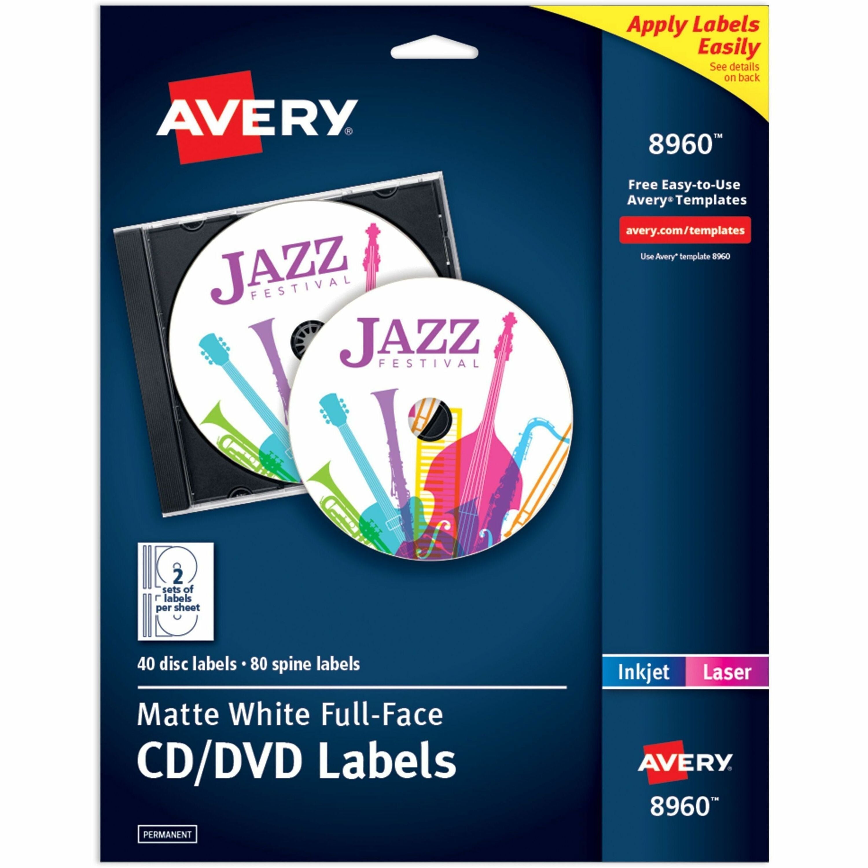 Avery Optical Disc Labels, Matte White, Permanent Adhesive, Inkjet/Laser Compatible, 2 Labels per Sheet, 20 Sheets, 40 Labels per Pack