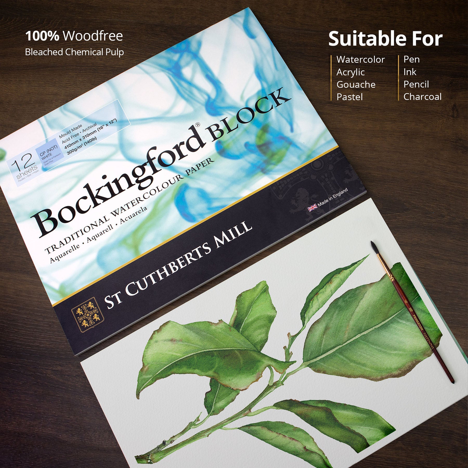 Bockingford Watercolor Block, Cold Pressed, White, 140lb/300gsm, 12 Sheet, 9x12 inch, 1 Count