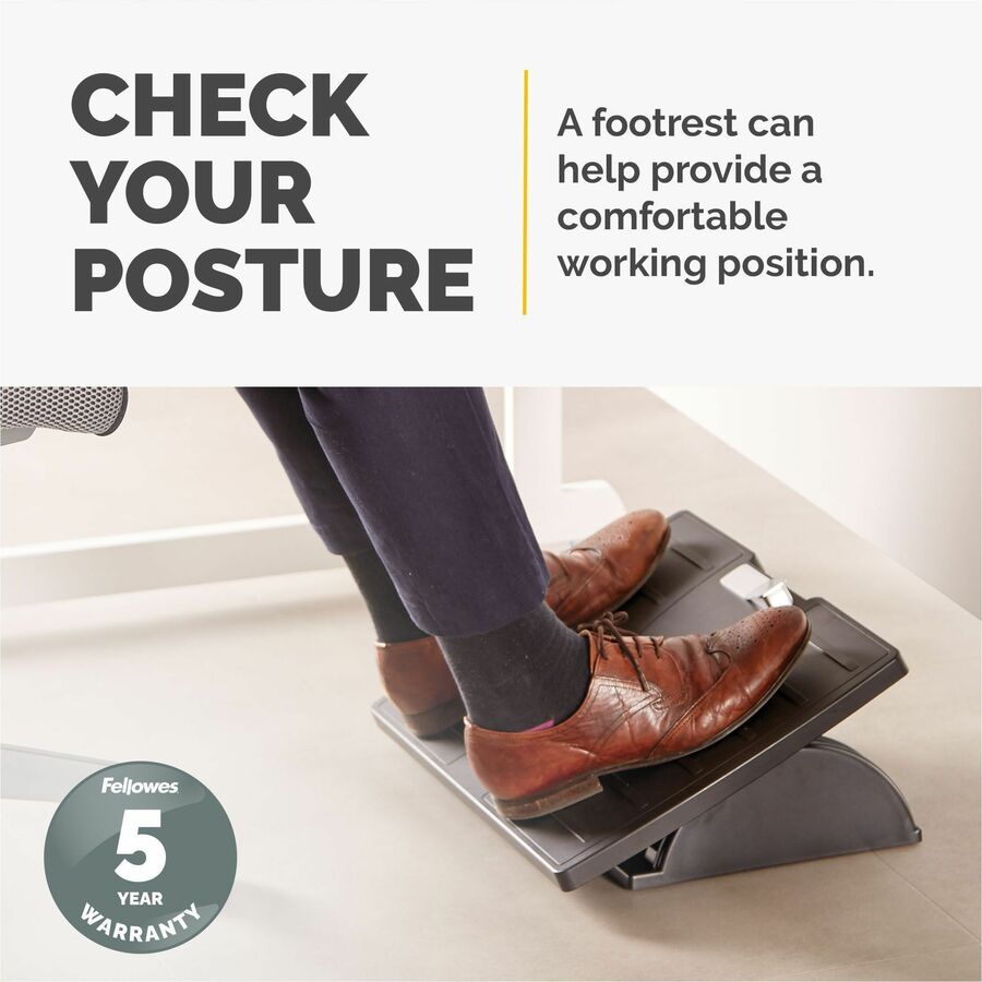 Fellowes Office Suites Adjustable Footrest, 30° Tilt, Black/Silver, Adjustable Height, 1 Each