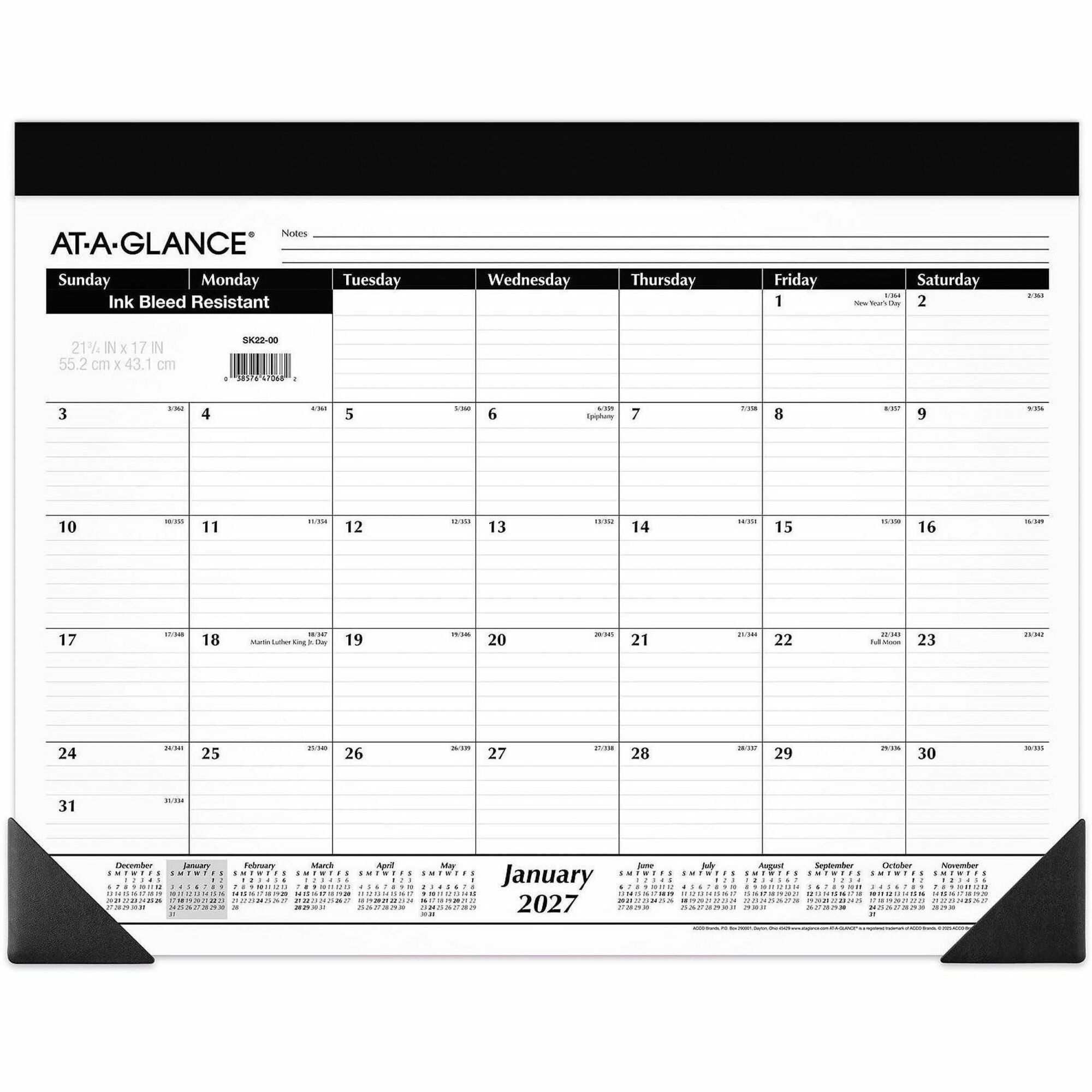 Julian Dates - Monthly - 12 Month - January 2026 to December 2026 - 1 Month Single Page Layout - 21 3/4" x 17" Sheet Size - 3" x 2.25" Block - Headband - Desktop - White - Poly, Paper - Ruled Daily Block - 1 Each