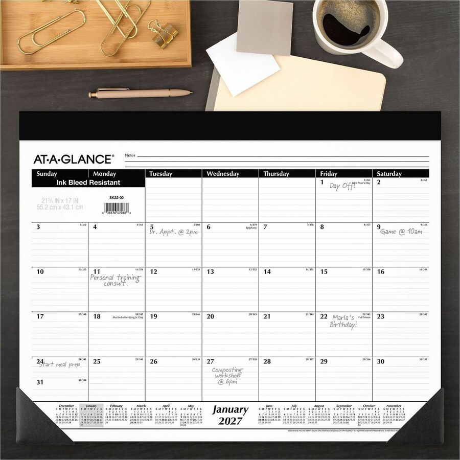 Julian Dates - Monthly - 12 Month - January 2026 to December 2026 - 1 Month Single Page Layout - 21 3/4" x 17" Sheet Size - 3" x 2.25" Block - Headband - Desktop - White - Poly, Paper - Ruled Daily Block - 1 Each