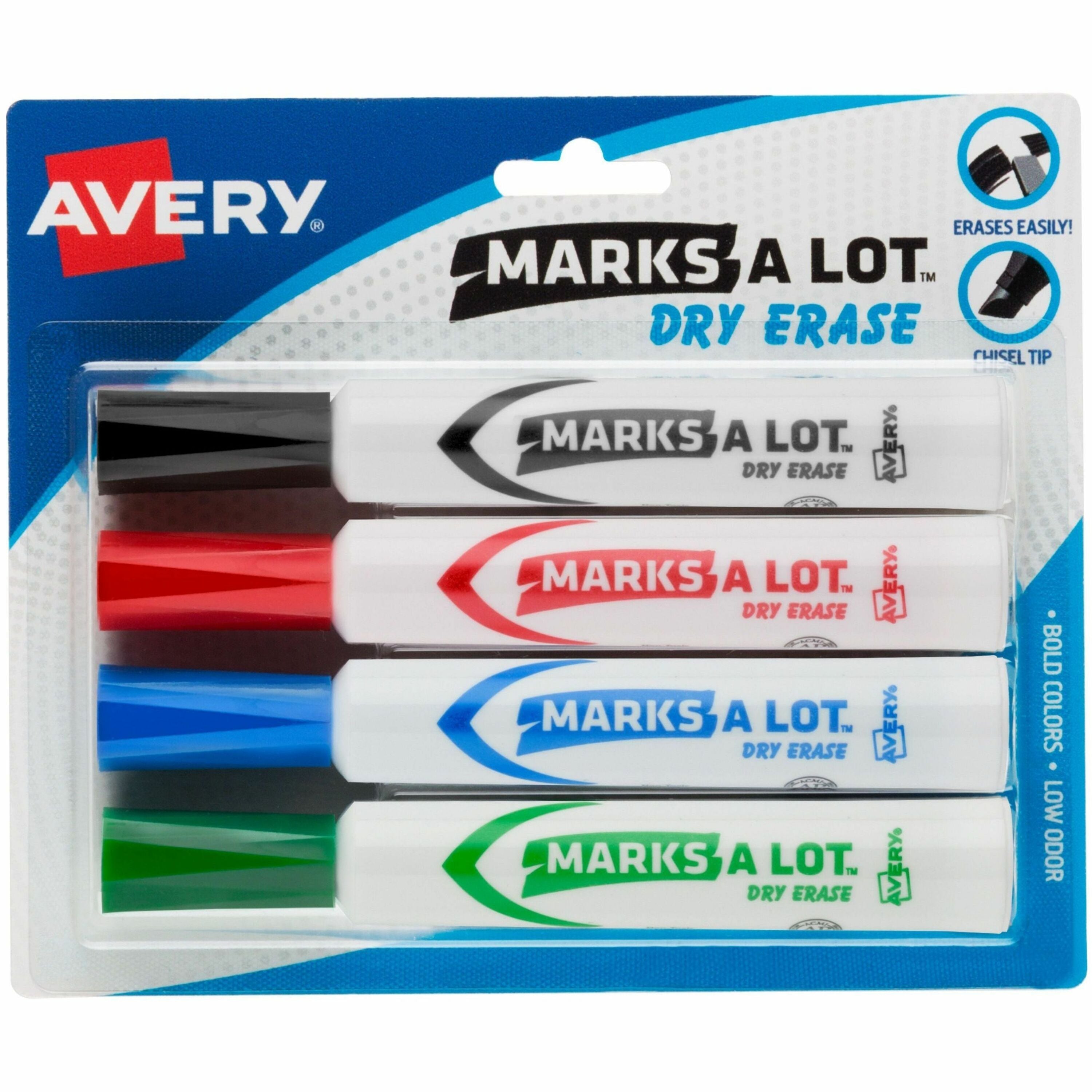 Avery&reg; Marks A Lot Marks A Lot Desk-Style Dry-Erase Markers - Broad Chisel Marker Point - Erasable - Washable - Blue, Black, Red, Green Ink - 4 / Pack