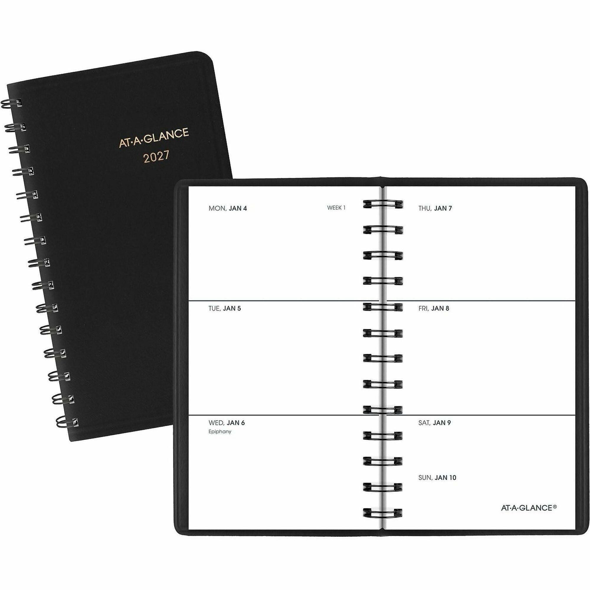 Weekly - 1 Year - January 2026 to December 2026 - 1 Week Double Page Layout - 2 1/2" x 4 1/2" Sheet Size - Wire Bound - Black - Simulated Leather, Faux Leather - Pocket - 1 Each