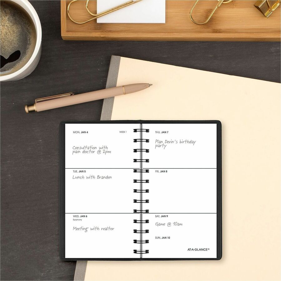 Weekly - 1 Year - January 2026 to December 2026 - 1 Week Double Page Layout - 2 1/2" x 4 1/2" Sheet Size - Wire Bound - Black - Simulated Leather, Faux Leather - Pocket - 1 Each