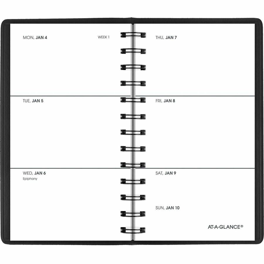 Weekly - 1 Year - January 2026 to December 2026 - 1 Week Double Page Layout - 2 1/2" x 4 1/2" Sheet Size - Wire Bound - Black - Simulated Leather, Faux Leather - Pocket - 1 Each