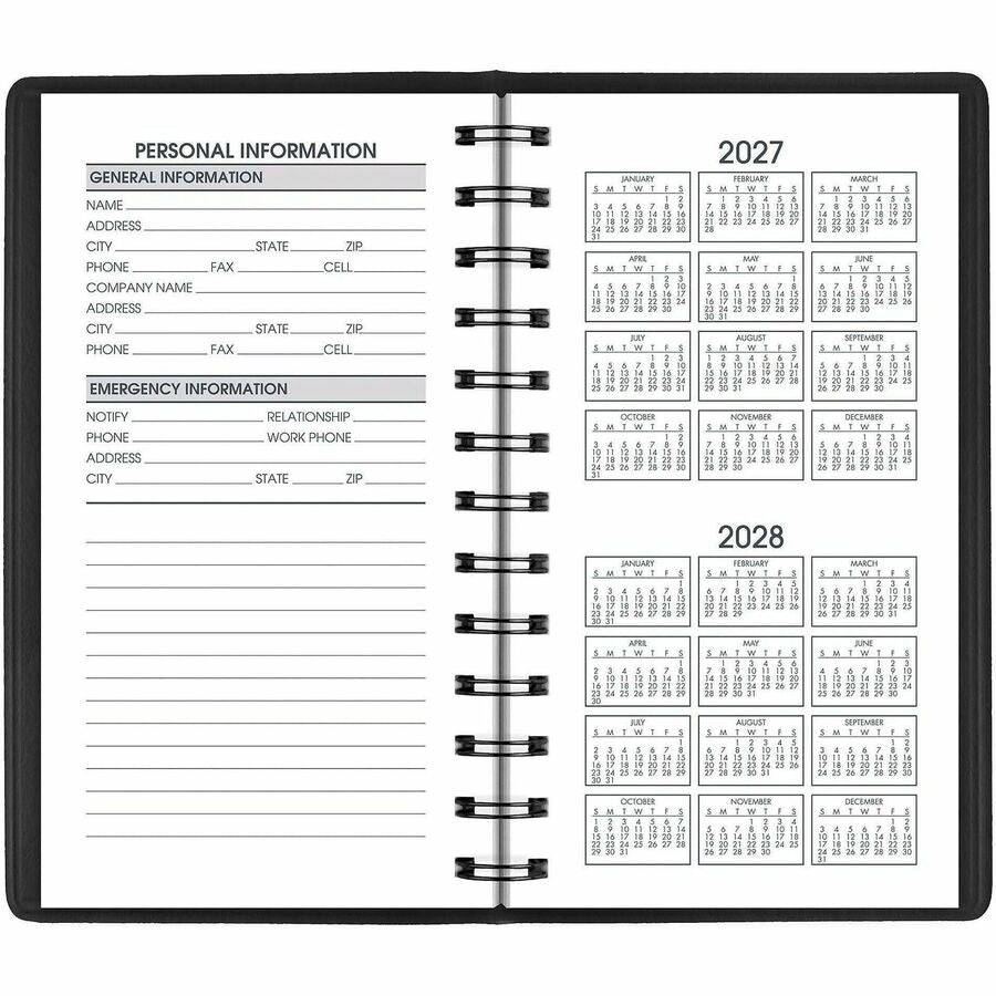 Weekly - 1 Year - January 2026 to December 2026 - 1 Week Double Page Layout - 2 1/2" x 4 1/2" Sheet Size - Wire Bound - Black - Simulated Leather, Faux Leather - Pocket - 1 Each