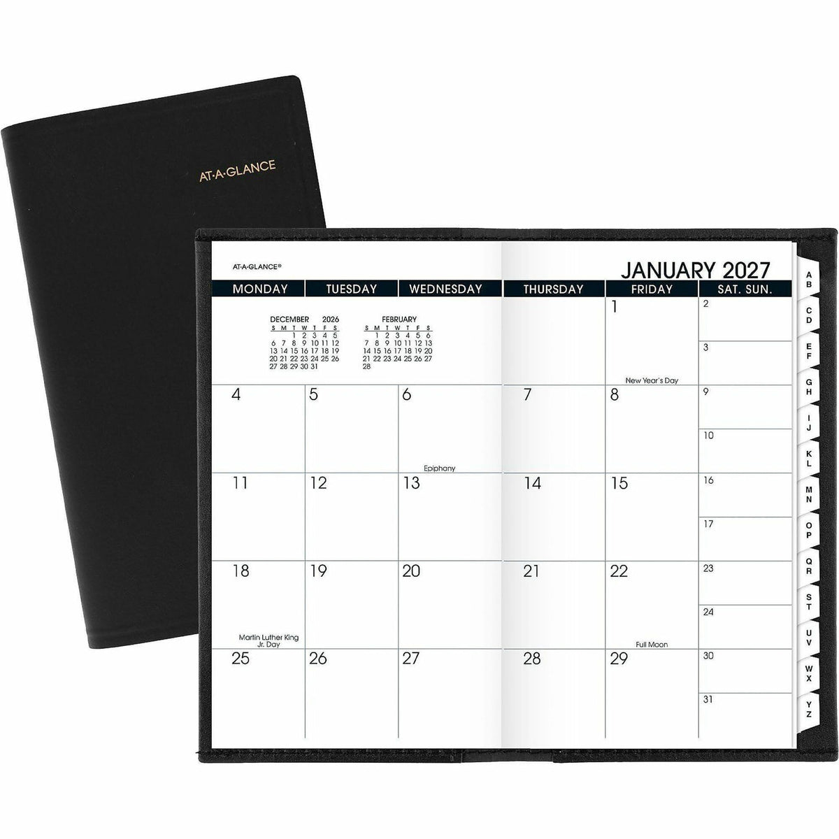 At-A-Glance Monthly Planner, Black, Pocket, 3 1/2" x 6" - Monthly - 13 Month - January 2027 to January 2028 - 1 Month Double Page Layout - 3 1/2" x 6 1/8" Sheet Size - Black - Simulated Leather, Faux Leather - 1 Each