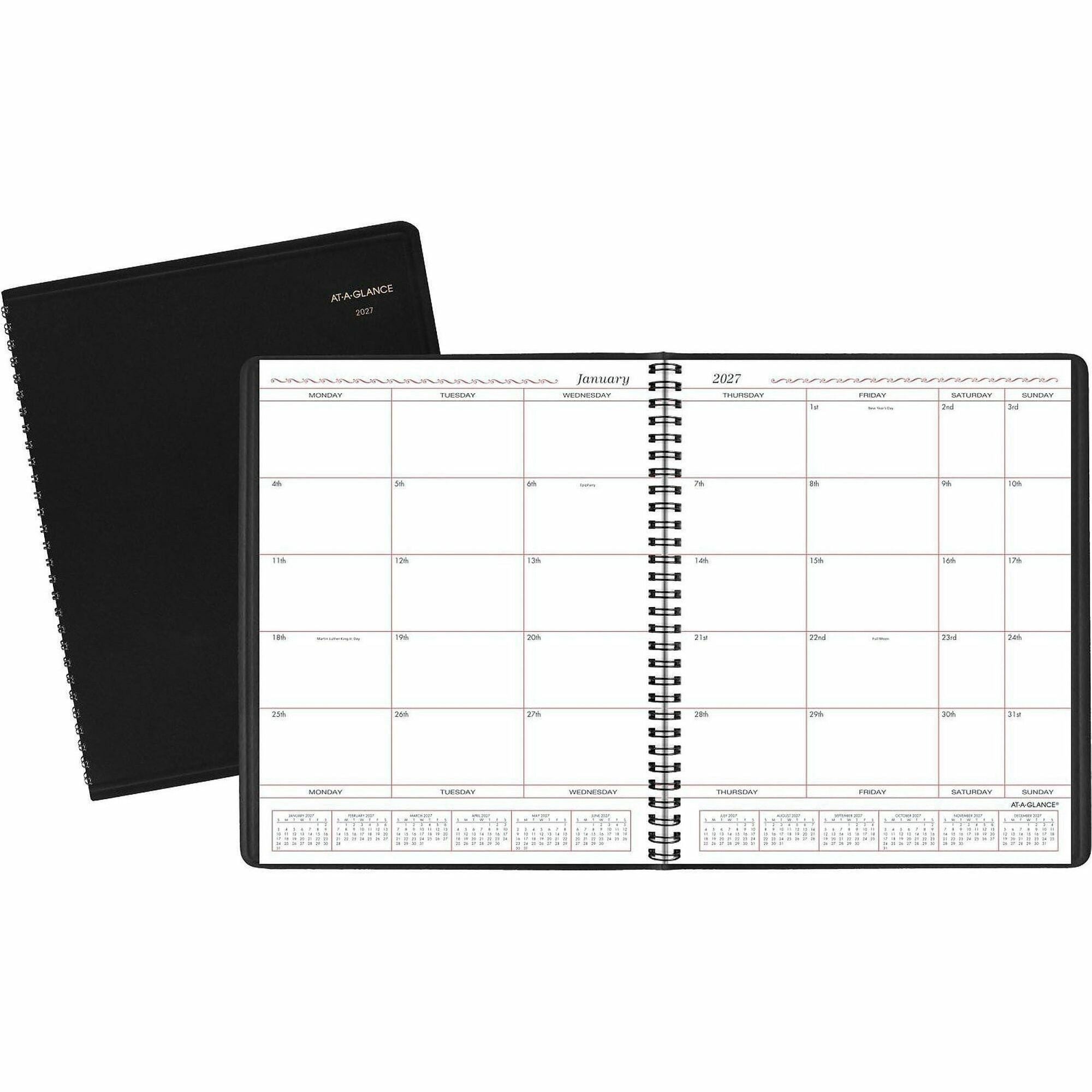 At-A-Glance Planner - Monthly - 1 Year - January 2026 to December 2026 - 1 Month Double Page Layout - 8" x 10" Sheet Size - Wire Bound - Simulated Leather - Black Cover - Address Directory, Phone Directory, Perforated - 1 Each
